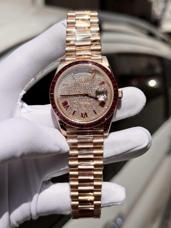 Rolex Best Replica Watch Day-Date Custom Ruby Red & Baguette Moissanite Diamonds GM Factory 40mm