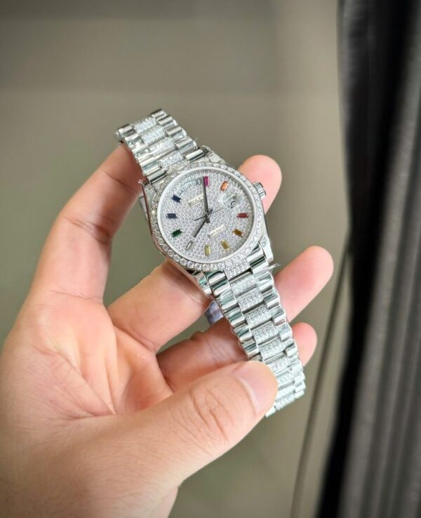 Rolex Day-Date Watch with Moissanite Diamonds and 7-Color Dial Markers 36mm
