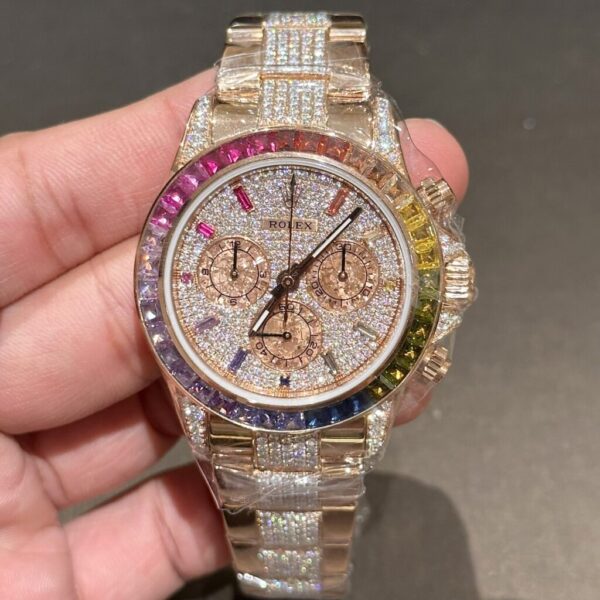 Rolex Daytona Rainbow Replica Watch Gold Wrapped With Moissanite Diamonds 40mm