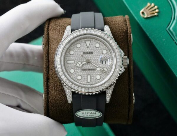 Rolex Yacht-Master Replica Watch Full Diamond Moissanite Rubber Strap 42mm